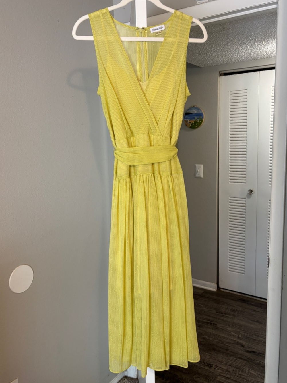 Calvin Klein Yellow Green shimmery Sleeveless V-Neck Dress